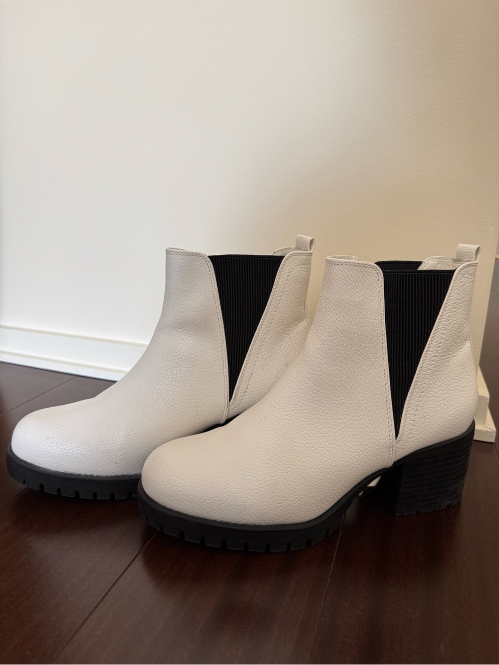 Women's White Leather Chelsea Booties with Black Elastic Trim!